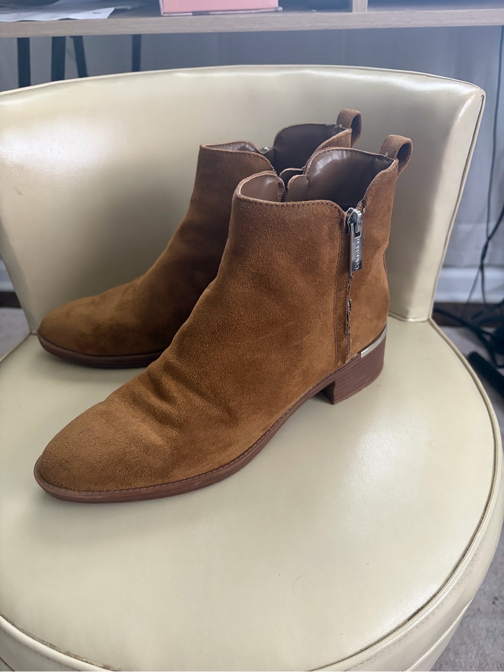 Calvin Klein Chestnut Brown Suede Ankle Booties with Side Zip